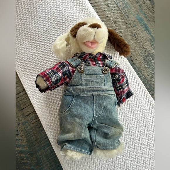 Build-A-Bear Dog Brown White Denim Overalls Plaid Shirt Ears Bend Made in USA - Picture 2 of 13